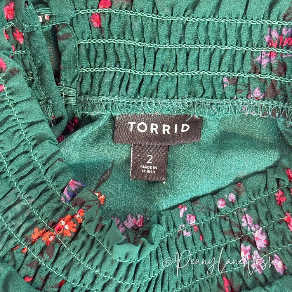 Torrid Chiffon Smocked Mock Neck Floral Blouse Top Green - Picture 5 of 11